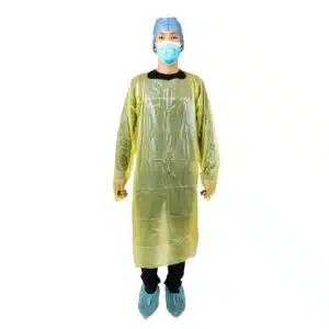 Disposable plastic CPE gown with thumb loops