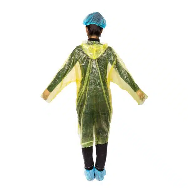 Disposable plastic rain coat with open cuffs