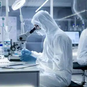 Scientists in the laboratory wearing protective clothing doing experiments