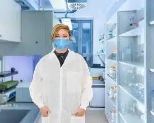 Pharmaceutical company staff with disposable face masks