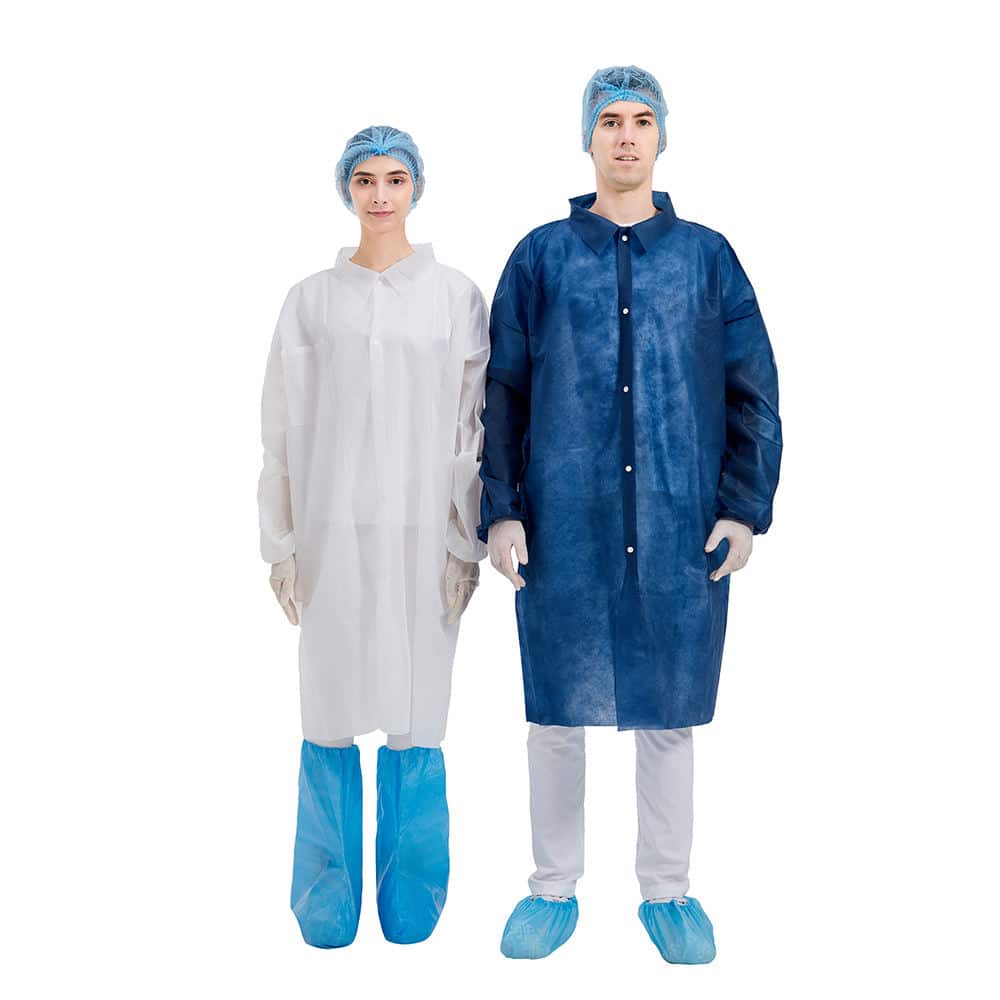 two people with disposable lab coat