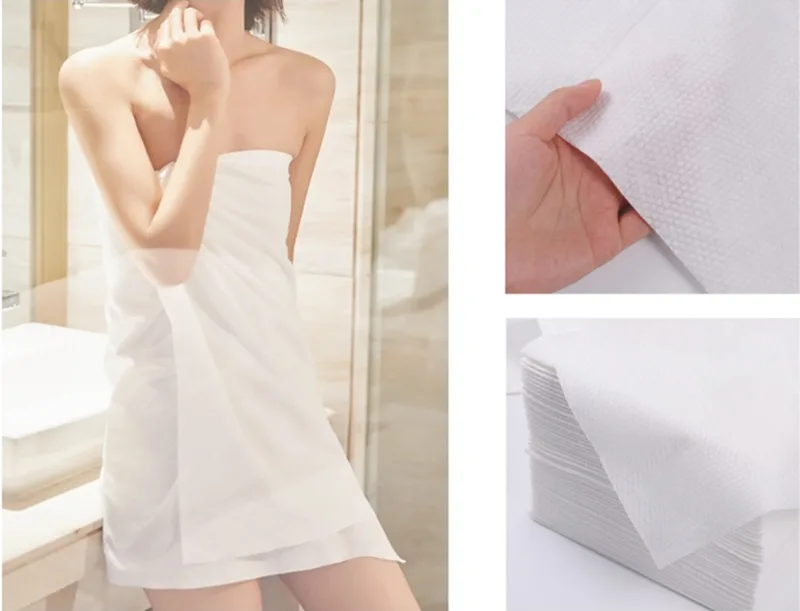 Woman with white towel, disposable towels close-ups.