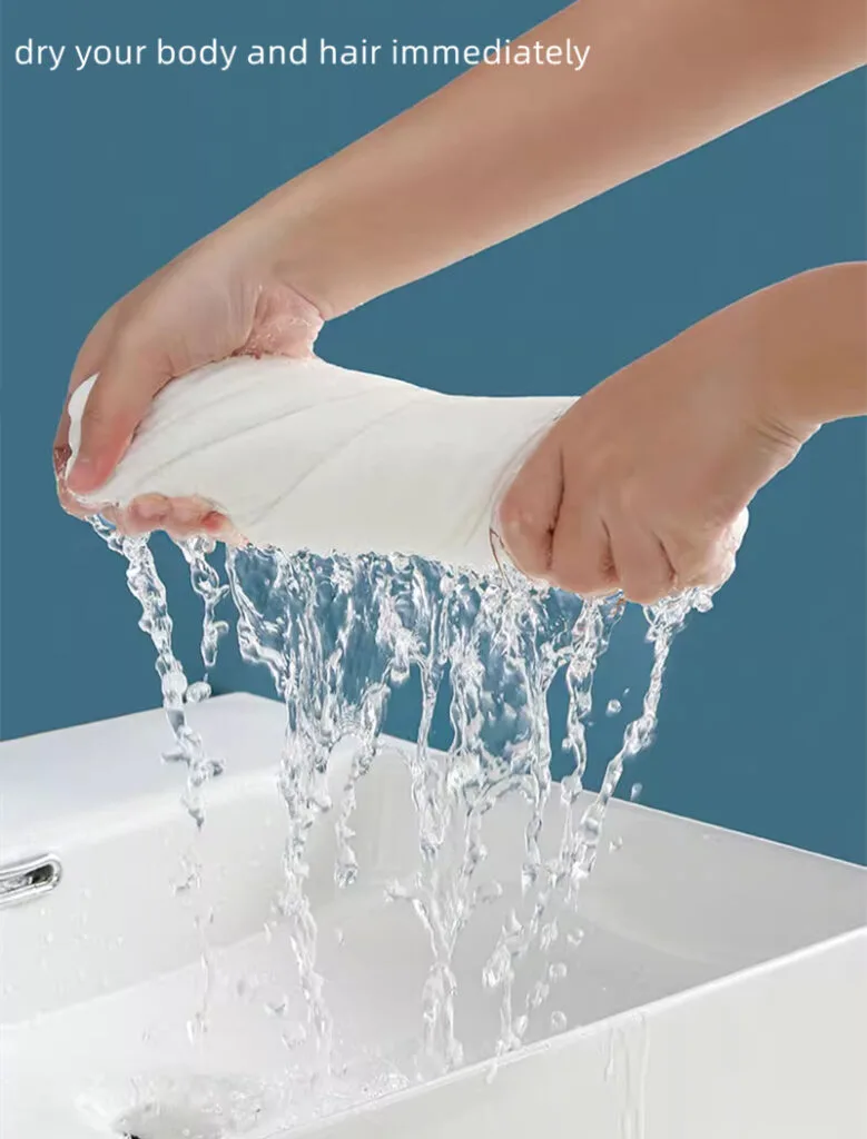 Quick-drying towel demonstration over bathtub.