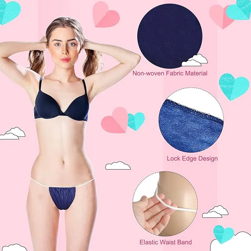 Woman modeling disposable underwear with design features.
