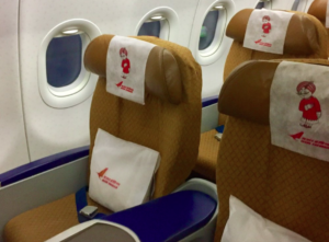 窓とヘッドレストカバーが付いた飛行機の座席。