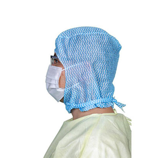 Medical professional with mask and hair cover.