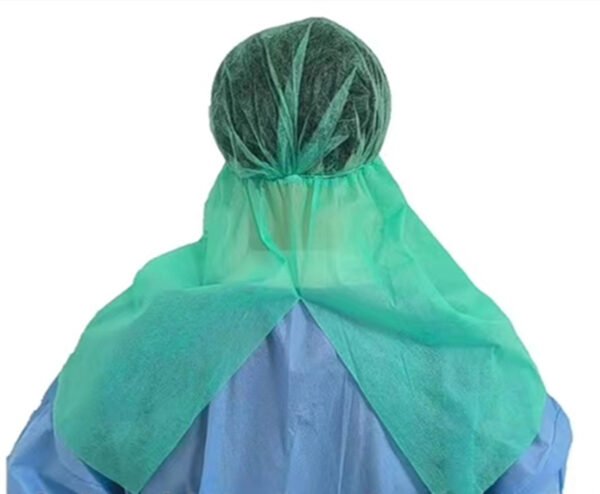 Person in surgical gown and cap, back view