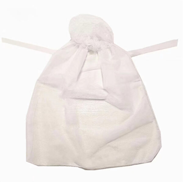 White mesh filter bag with ties.