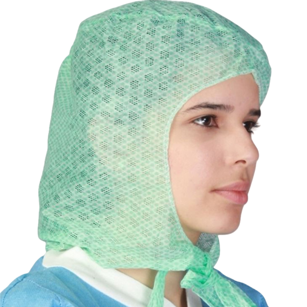 Person wearing green disposable surgical hood