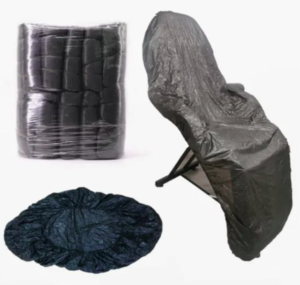 Black plastic chair covers in different stages of use