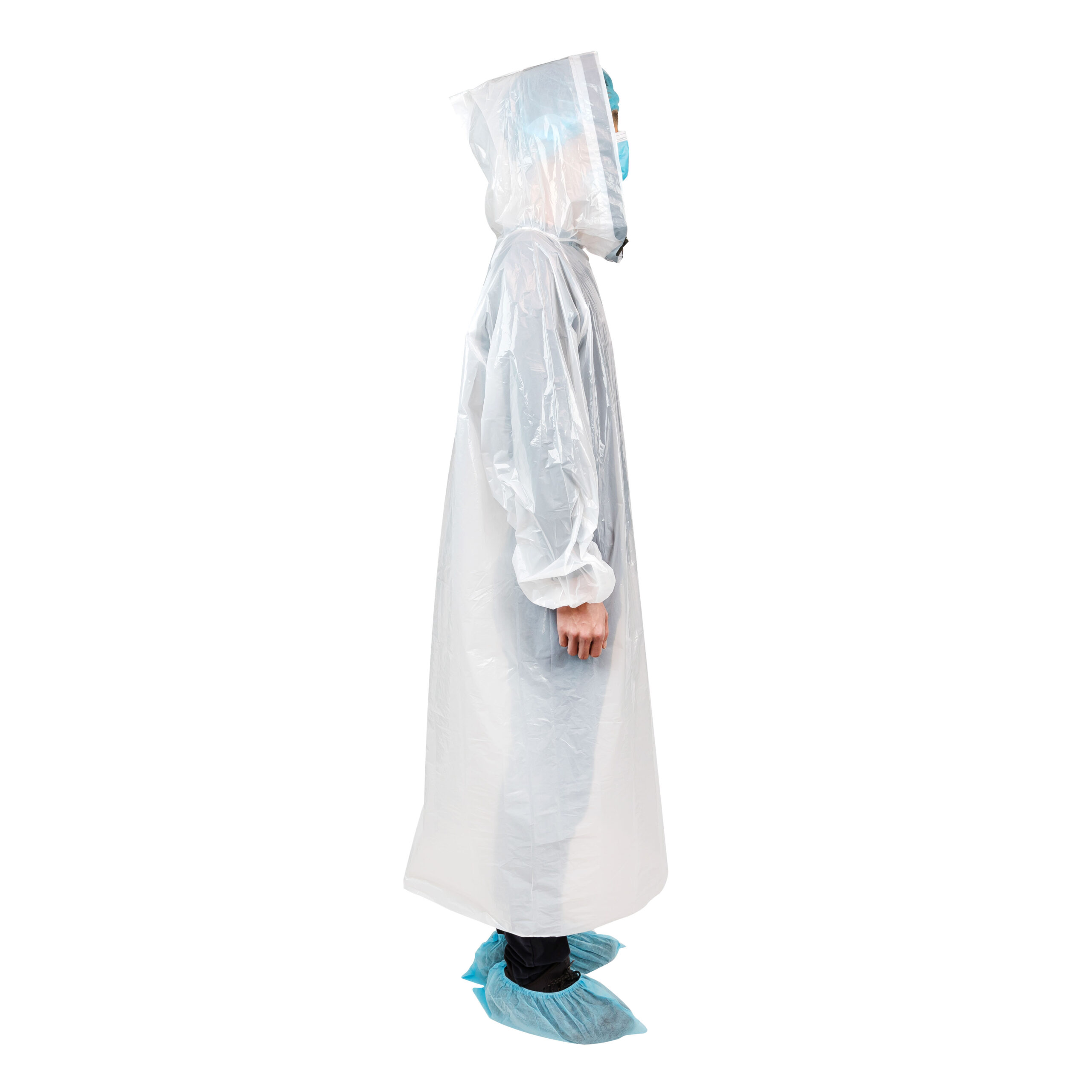 Personne en combinaison et masque EPI.