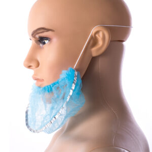 Mannequin wearing blue disposable beard cover