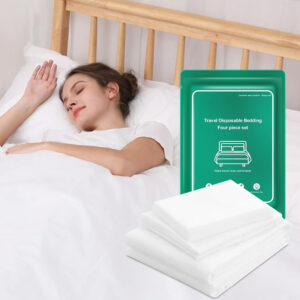 Woman sleeping with travel disposable bedding set.