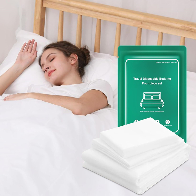 Woman sleeping with travel disposable bedding set.