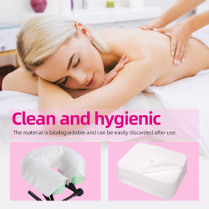 Woman receiving massage with biodegradable cover materials.
