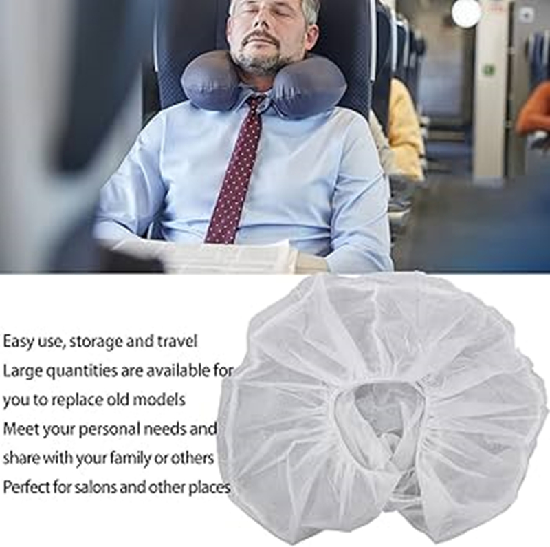 Man on airplane using neck pillow for support.