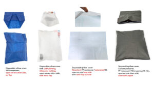 Exposición de varios tipos de fundas de almohada desechables.