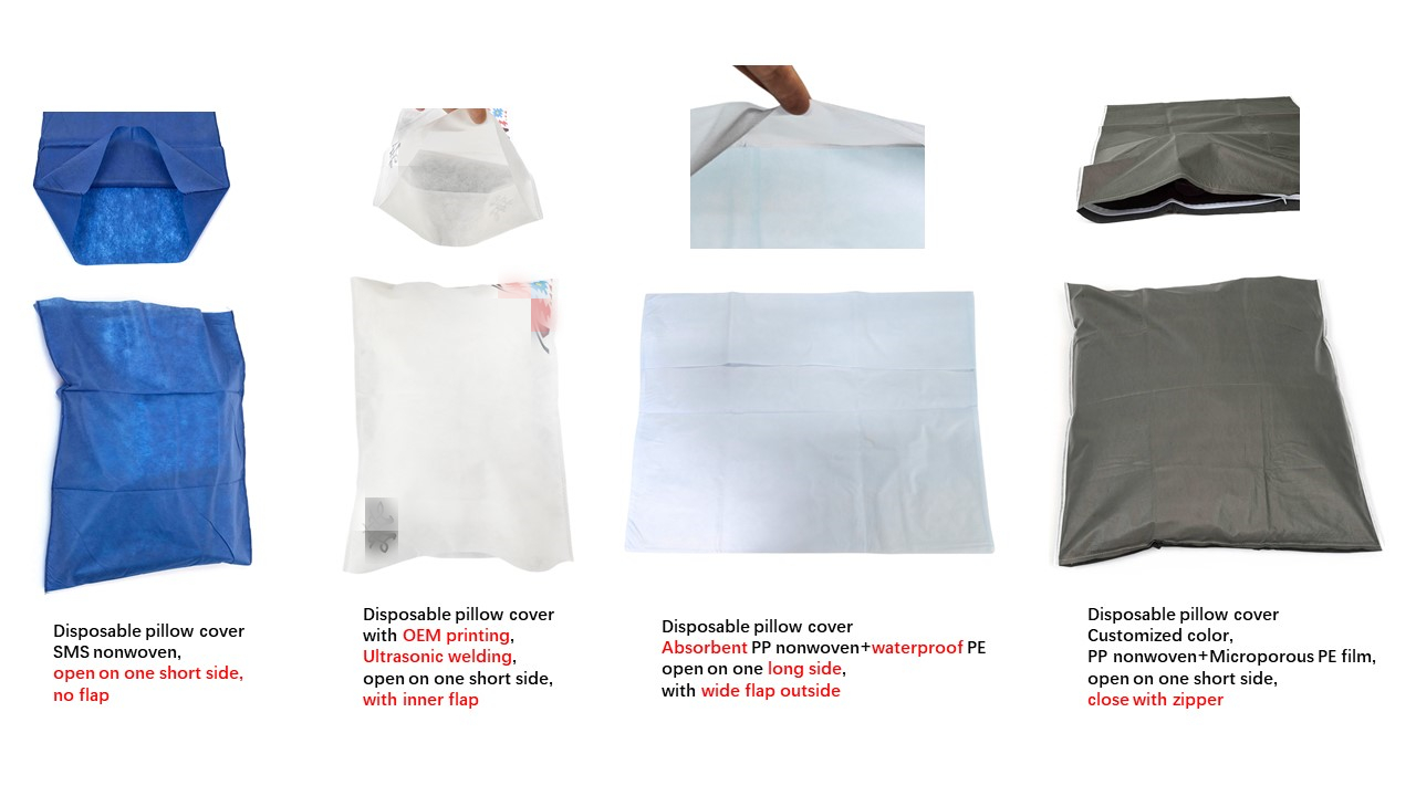 Various types of disposable pillow covers displayed.