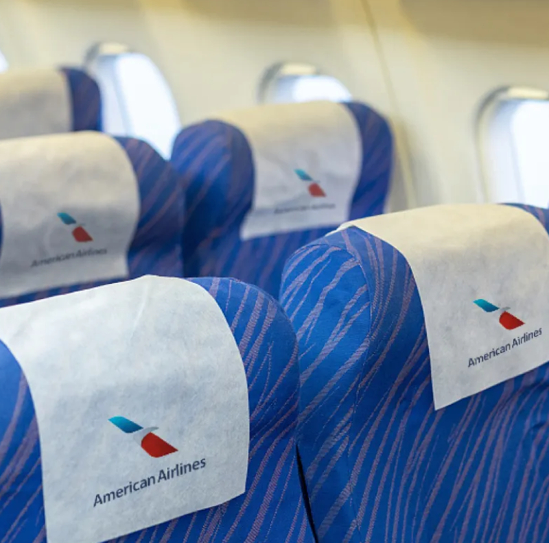 American Airlines airplane seats with logo visible.