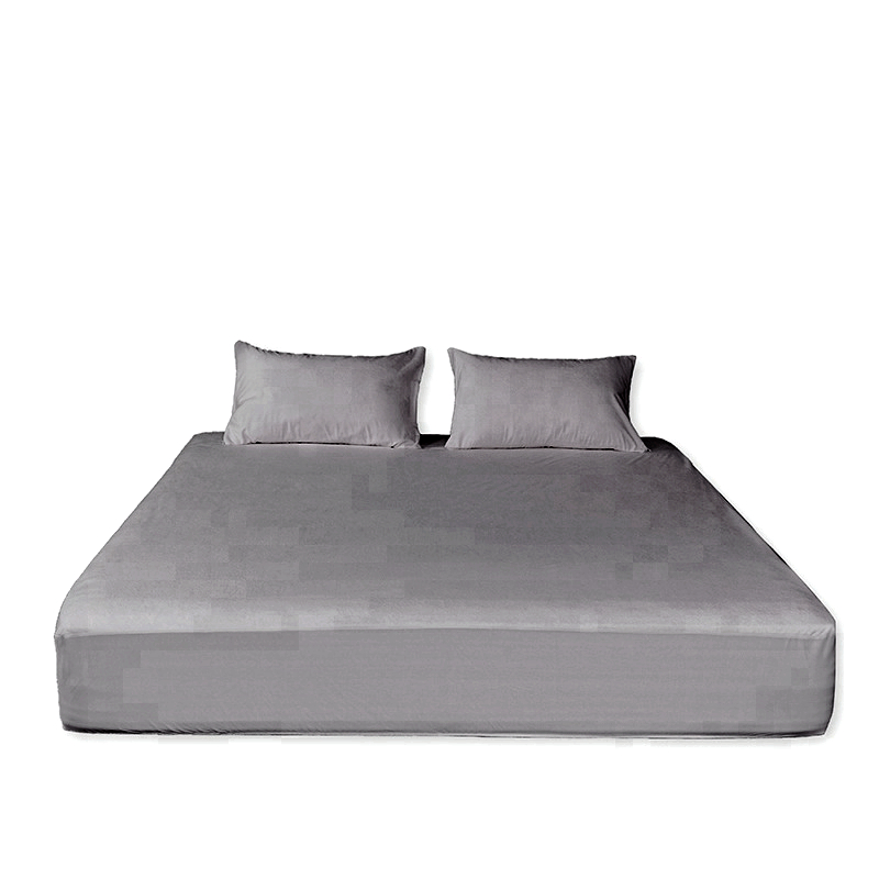 Gray king-size bed with two pillows.