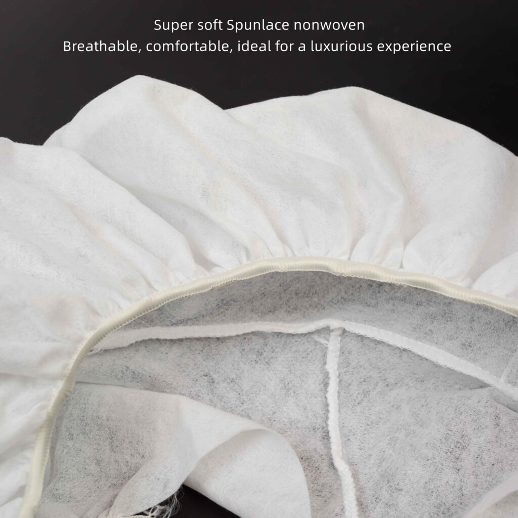 White nonwoven luxury fabric with elastic edge.