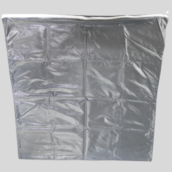 Silver quilted storage bag with zipper closure.