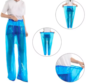 Person wearing blue waterproof transparent pants
