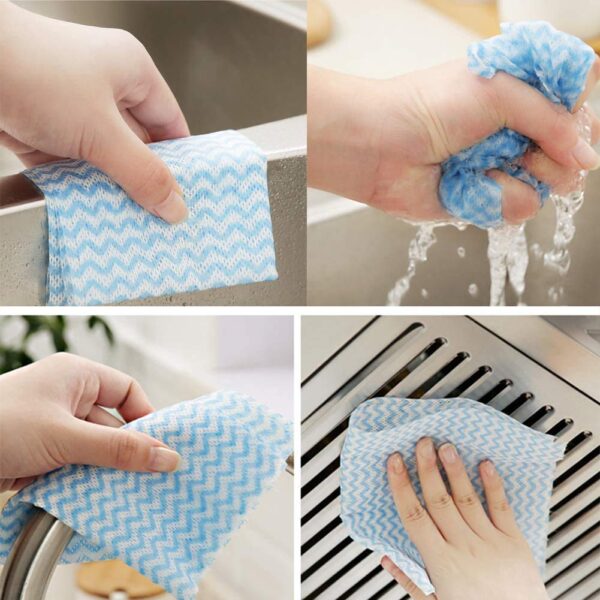 Cleaning surfaces with blue cloths.