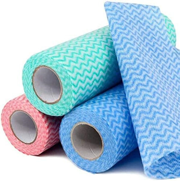 Colorful rolls of patterned cleaning cloths