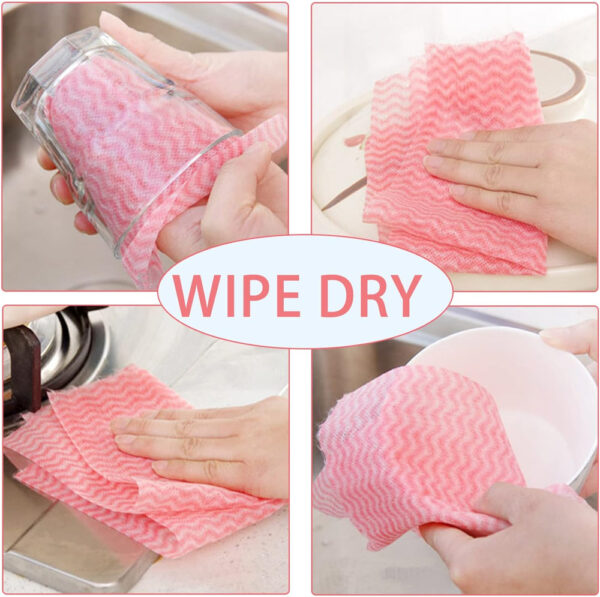 Clean kitchen with pink cloths, wipe dry surfaces.