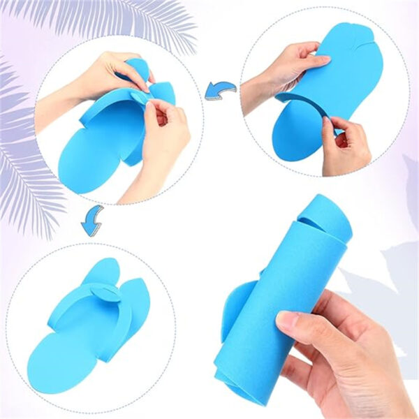 Collapsible blue travel slippers demonstration