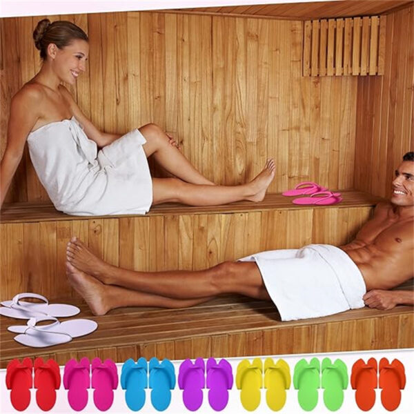 Two people relaxing in a sauna with sandals.