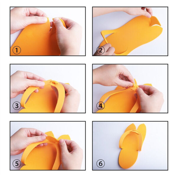 Assembling orange foam cat slippers, step-by-step guide.