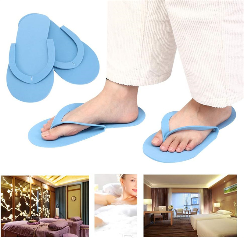Blue spa slippers with massage room and hotel rooms.