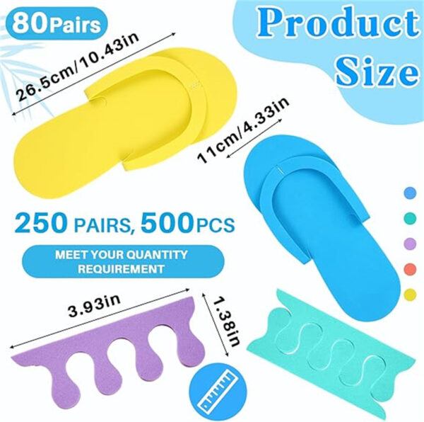 Colorful disposable slippers and toe separators, product dimensions.