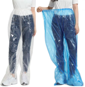 Women wearing transparent plastic pants covers.
