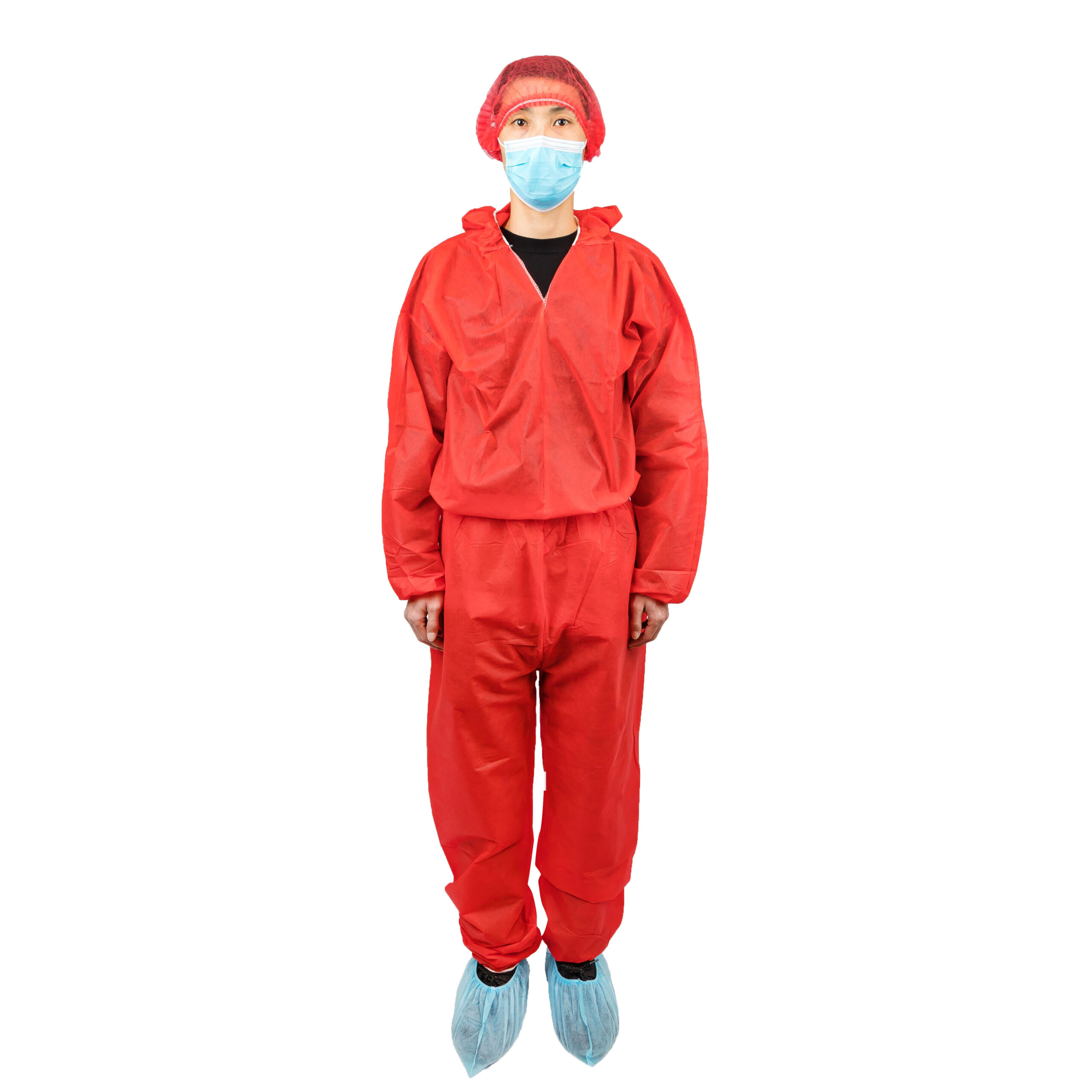 Person wearing red protective suit and blue mask.
