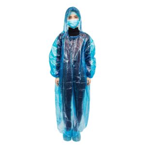 Person wearing blue protective rain poncho