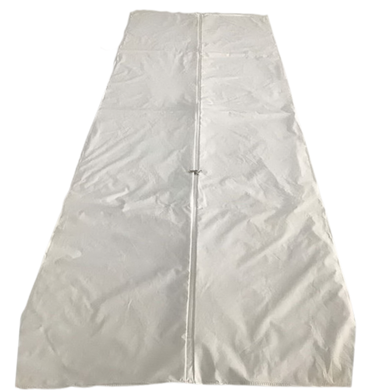 White body bag with center zipper.