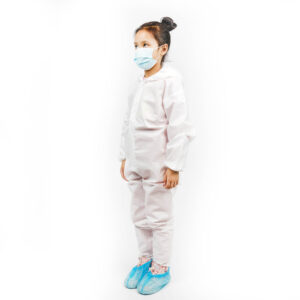 Child wearing protective medical suit and mask