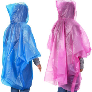 People wearing blue and pink rain ponchos.