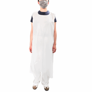 Person wearing apron and mask, front view.
