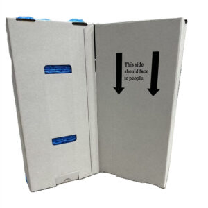 Cardboard box open with directional arrows.