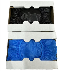 Black and blue elastic shoe covers in boxes.