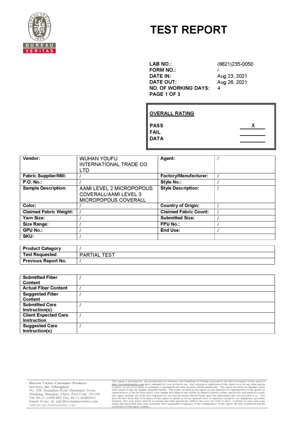 AAMI LEVEL 2 and 3 coverall test report