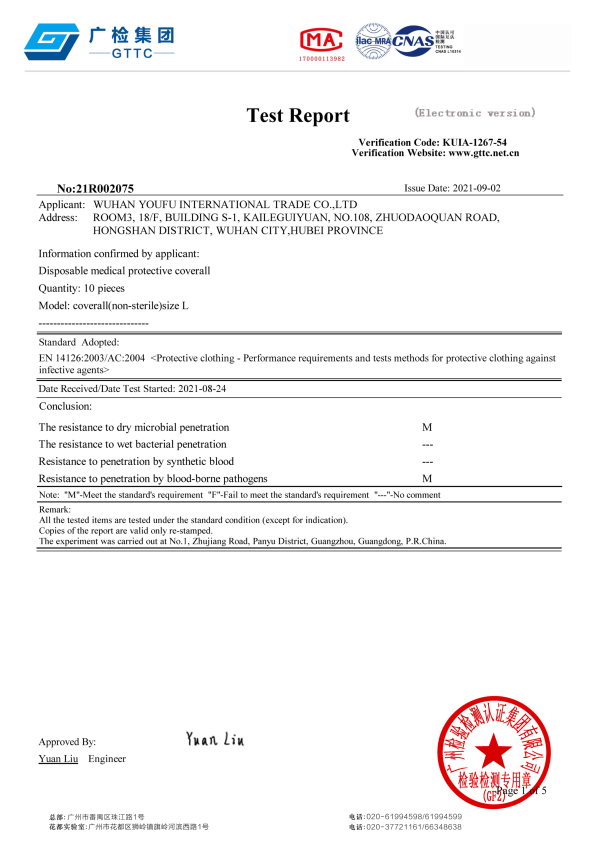 EN14126 medical coverall report